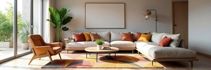 Stylish Contemporary Living Room with Geometric Rug, Angular Furniture, and Accent Pillows Clean Lines and Bold Shapes Define this Modern Space