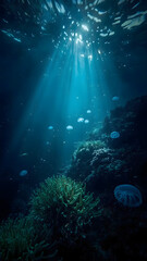Fototapeta premium Sunken Deep Sea 8K Wallpaper, Bioluminescent Jellyfish, Underwater Serenity