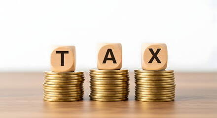 Wooden blocks spelling "TAX" atop stacks of gold coins, symbolizing financial burden and revenue collection.