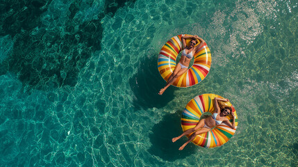Aerial top-down view of a two happy women in swimwear floating on inflatable rings in tropical sea, ideal for travel ads, summer campaigns, and vacation lifestyle visuals. Generative AI.

