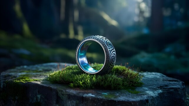 Ancient Ring Half-Buried in Moss with Magical Glow &ndash; Fantasy Symbol of Hidden Power and Forgotten Vows