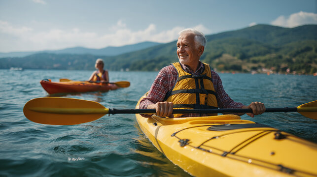 Outdoor summer scene of a senior man paddling a canoe on a lake, with a woman visible in the background in a separate kayak. Ideal for themes of healthy lifestyle and senior wellness. Generative AI.

