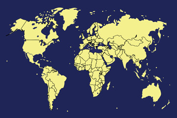World Map Illustration with Yellow Continents on Dark Blue Background
