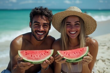 Young couple enjoys fresh watermelon on a sunny beach, creating joyful summer memories, Young man and woman on the beach eating watermelon Couple travel vacation in summer time