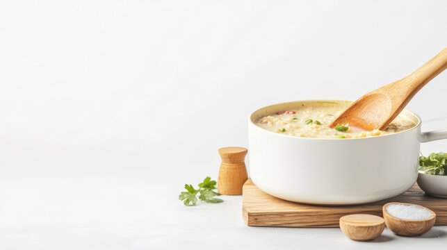 A creamy homemade soup with a wooden spoon inside is presented in a white bowl on a wooden board against a bright backdrop offe ample copy space.