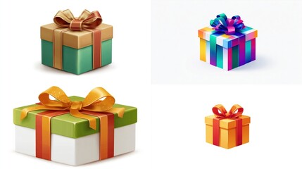 Four colorful gift boxes with ribbons and bows in different styles against white