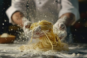 Flawless Visual of Experienced Chef Preparing Bio Italian Pasta with Flour