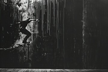 Black and White Wall Painting of a Man on a Skateboard in Front of a Black Wall