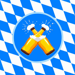 From the Oktoberfest series, a humorous pair of beer bottles hugging, on a traditional Bavarian pattern of blue and white diamonds