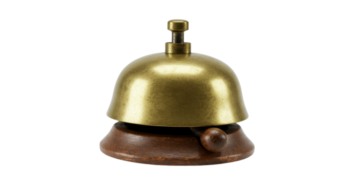 Vintage Brass Service Bell with Dark Wooden Base Isolated Product Shot isolated on Transparent Background