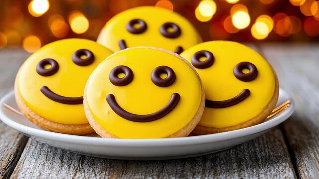 smiley face cookies with icing on table happy world smile day celebration sweet treats baking concept of dessert design joyful food 
