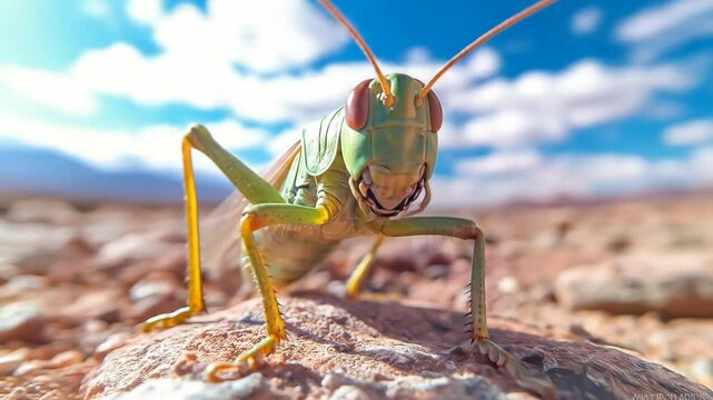 Macro shot of bright green grasshopper on stone
