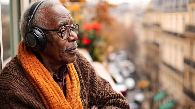 An elderly man enjoys music while taking in the sights of the city from his balcony