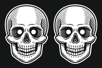 Two stylized skulls with detailed features on a skeleton bones