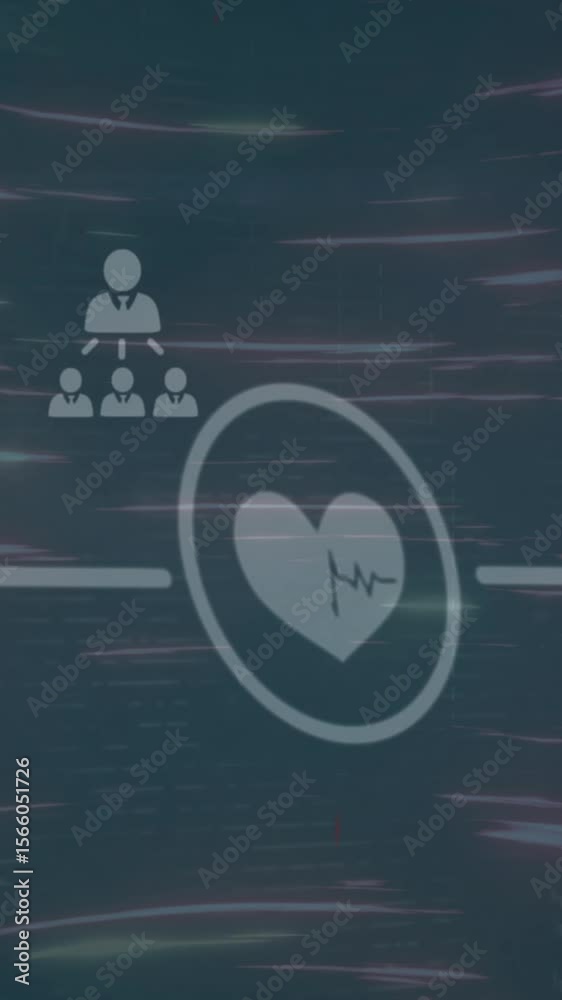 Poster animation of flowchart and profile icons over circular abstract pattern against abstract background