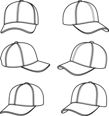 Vector baseball cap outline set, blank hat template for design mockup and branding, fashion accessory editable vector