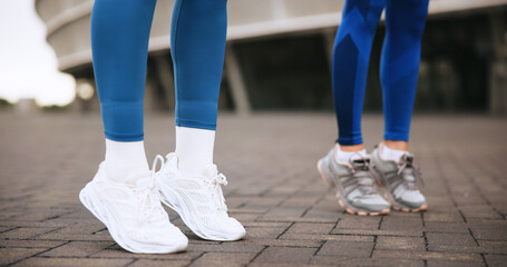 Fitness, legs and warm up with personal trainer, outdoor or practice for marathon, feet and...