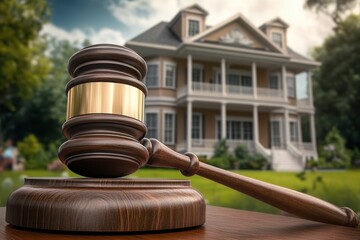 Judges gavel placed on wooden block in front of beautiful house showcasing property law implications, judge's gavel and house property Photo background ing for live wallpaper