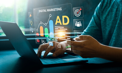 Digital marketing strategy with online advertising, social media promotion, data analytics, content...