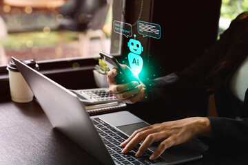 AI chatbot virtual assistant on smartphone helping customer support and business communication, innovative artificial intelligence technology for online service automation, productivity, digital