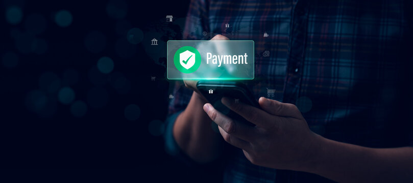 Secure mobile online payment system, Fintech technology for e-commerce, financial transactions, digital wallets and mobile banking concept with secure payment confirmation icon.