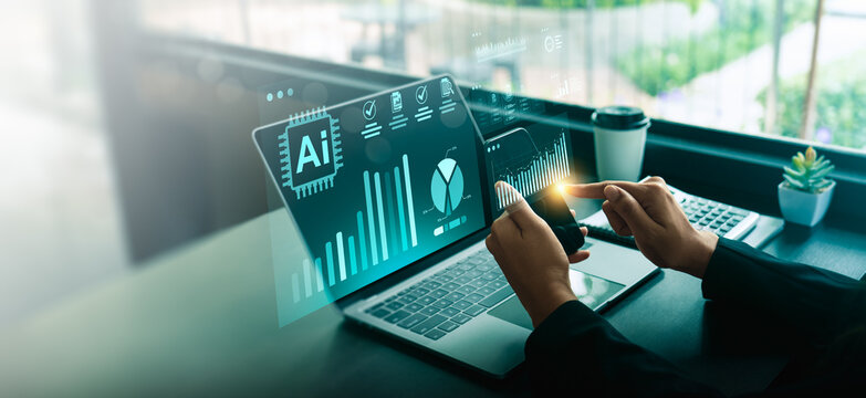 Artificial Intelligence AI technology for data analysis and business strategy development on digital dashboard, innovative machine learning solutions for financial investment, marketing, future growth