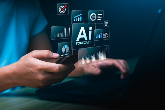 AI forecast and predictive analytics displayed on smartphone screen, businessman analyzing data chart with futuristic dashboard for business strategy, financial planning, and intelligent automation