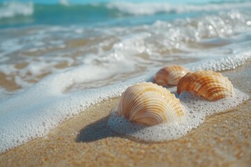 Seashells resting on sandy beach with gentle waves and summer sun, Seashells on sandy beach with waves in summer Photo background