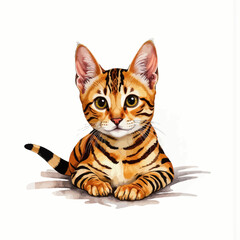 Bengal kitten sitting with bright eyes on a white background  