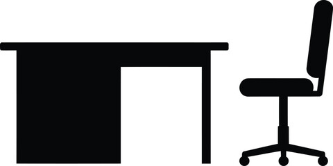 A black desk and chair are isolated on white background