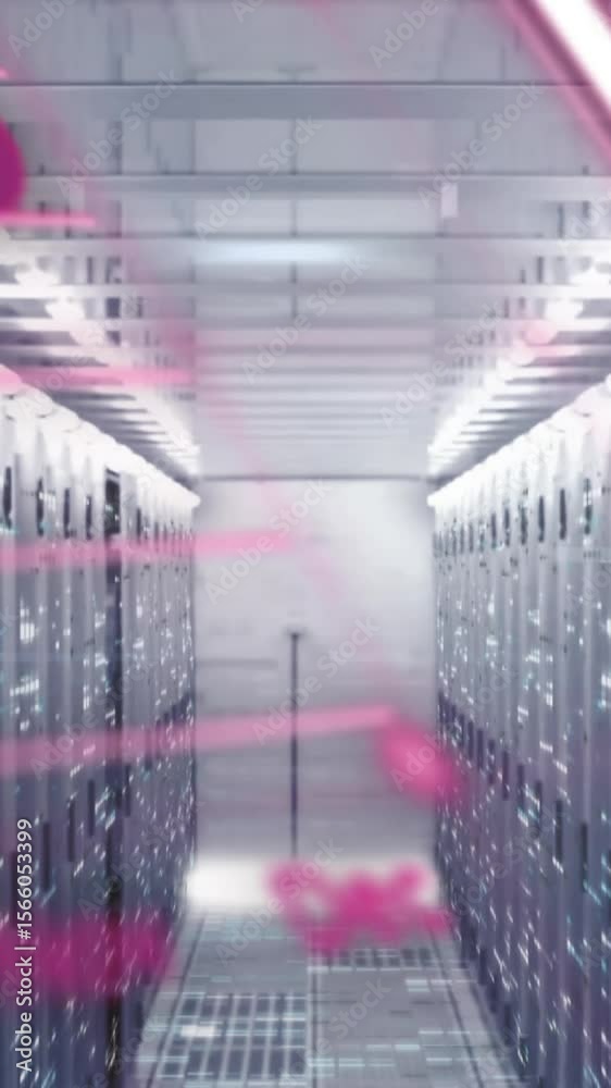 Poster animation of graphs, globe and computer language over bars on data server racks in server room