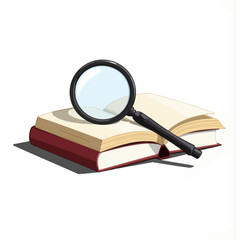 Magnifying glass on open book illustrating research and learning  