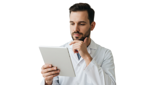 Pensive doctor in lab coat using digital tablet isolated PNG with Transparent Background