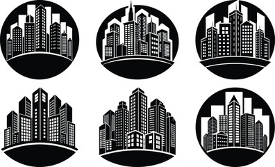 Vector art of six different city skyline illustrations isolated on a transparent background