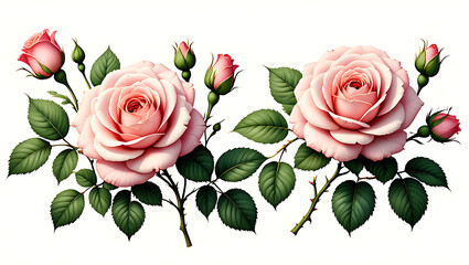 Naklejka premium A Beautiful Arrangement of Delicate Pink Roses Adorned with Lush Green Leaves and Budding Flowers Creating an Elegant Floral Display