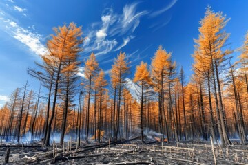 Obraz premium Burned forest landscape after wildfire showing blackened ground and charred trees amid fall colors