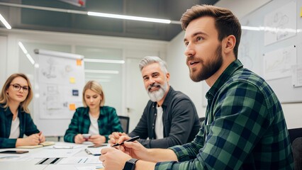Young professionals in casual attire discussing ideas in a modern office meeting room. Teamwork and strategy during business presentation.