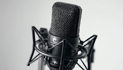 Professional studio microphone on a shock mount, ready for recording, poised against a neutral background.