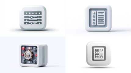 Four square icons with controls, buttons, and knobs, on a clean white background