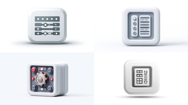 Four square icons with controls, buttons, and knobs, on a clean white background