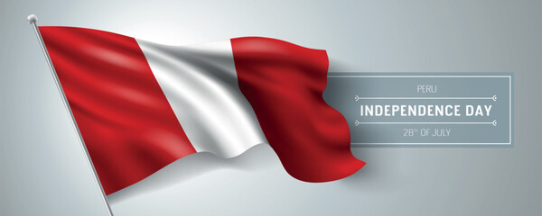 Peru happy independence day greeting card, banner vector illustration. Peruvian national holiday 28th of July design element with realistic flag