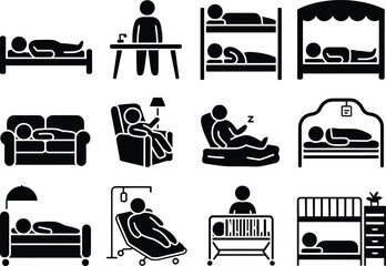 Collection of stylized icons depicting people resting in various sleeping and seating arrangements