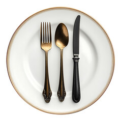 Elegant vintage cutlery set on fine china plate isolated on transparent background