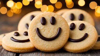 smiley face cookies with icing on table happy world smile day celebration sweet treats baking concept of dessert design joyful food 