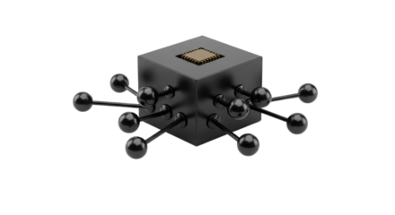 Abstract black cube with connected spheres and central gold chip 3D render