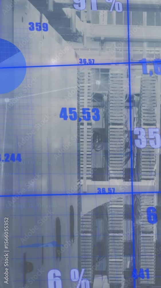 Poster animation of graphs, connected dots and changing numbers over data server system