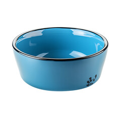 Empty blue ceramic pet food bowl with paw print isolated on transparent background