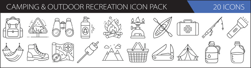 Camping & Outdoor Adventure Icon Pack – 20 Recreational Line Icons