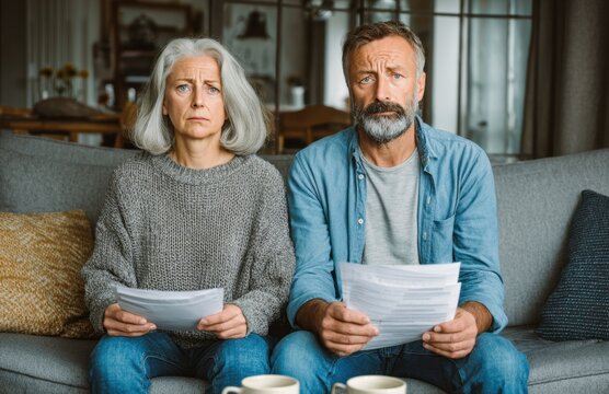 Worried senior couple reviews important documents at home, sitting on a sofa, looking concerned about finances or bills.
