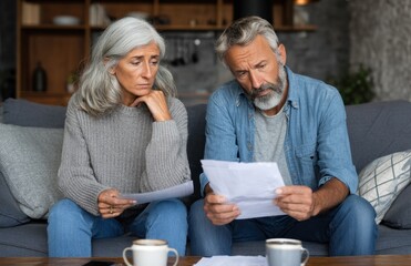 Senior couple sits on sofa, reviewing important papers, concerned expressions on their faces, showing worry and stress about finances.